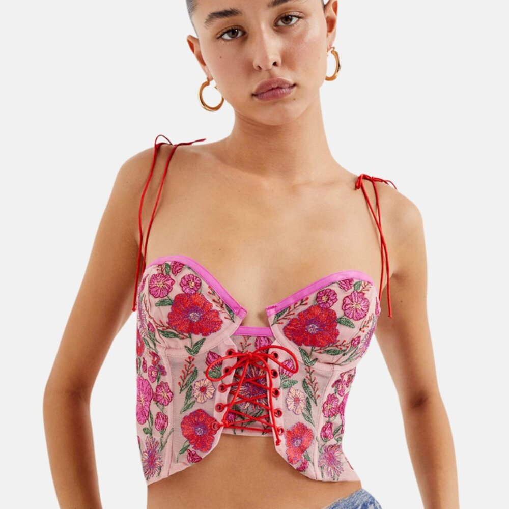 For Love And Lemons Kaylee Pink Floral Crop Top Bustier Embroidered Size Medium